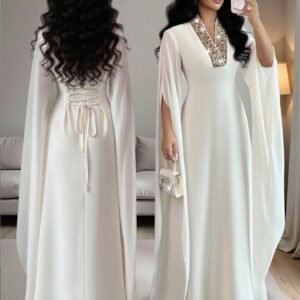 فستان ماكسي أنيق للنساء بلون أحادي، رقبة على شكل حرف V مطرزة