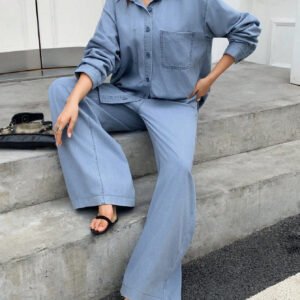 طقم كاجوال جينز موضة 2 قطعة للنساء، قميص كم طويل فضفاض وبنطال ساق واسعة، خريف رمضان