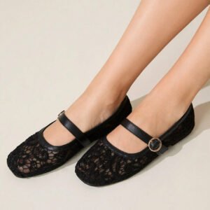 CUCCOO CHICEST أحذية نسائية عصرية أنيقة ذات كعب منخفض وأصابع قدم دائرية، مصنوعة من قماش دانتيل أسود