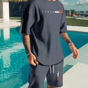 Manfinity Homme طقم رياضي كاجوال للرجال، تي شيرت بأكمام قصيرة وشورت