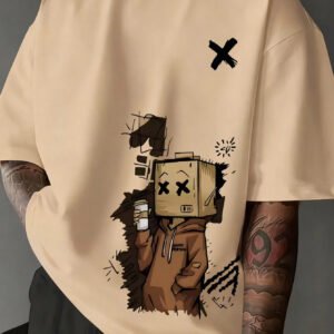 تي شيرت رجالي بياقة مستديرة وأكمام قصيرة بطباعة بسيطة مقاس كبير